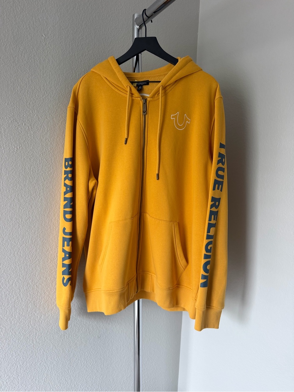 True Religion Men’s Golden Yellow Zip-Up Hoodie with Sleeve Logo